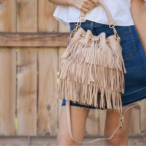 Fringe Drawstring Bucket Bag